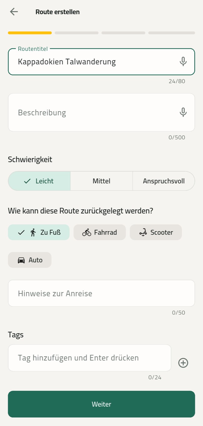 Roamify Bildschirm zum Erstellen einer Route