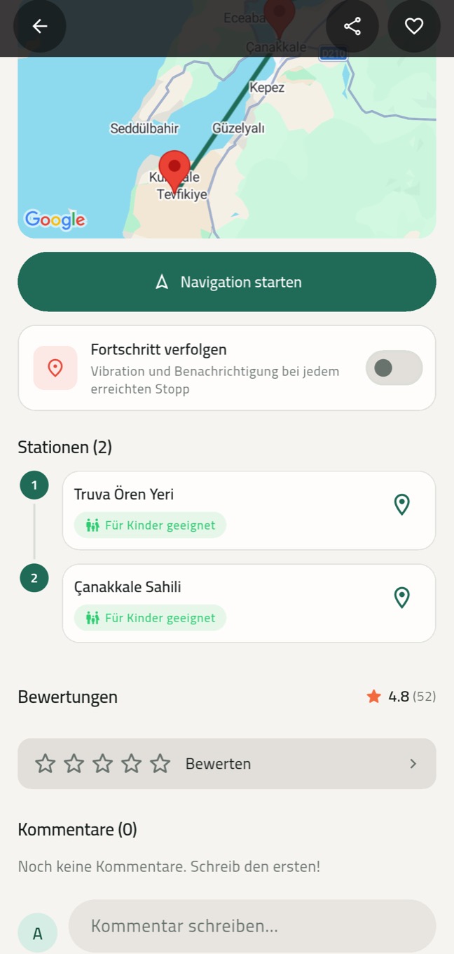 Roamify Stoppliste und die Option Fortschritt verfolgen