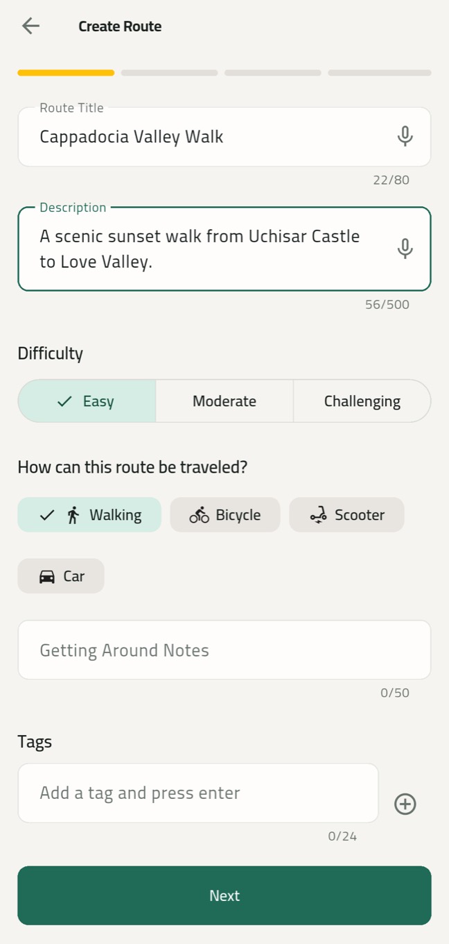 Roamify route creation screen