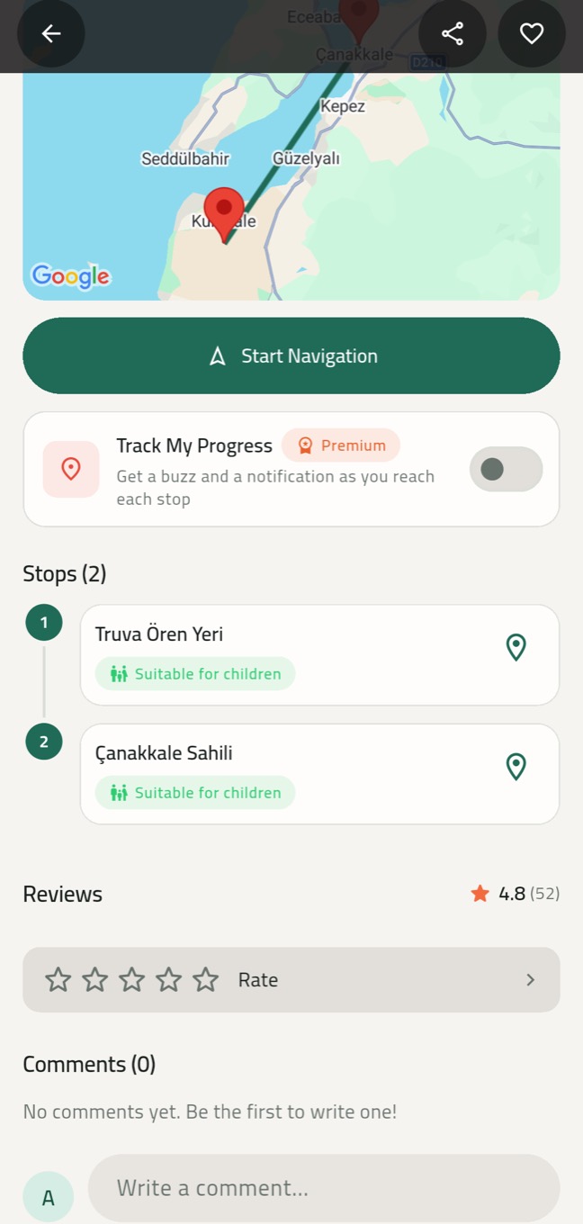 Roamify stop list and the Track My Progress switch