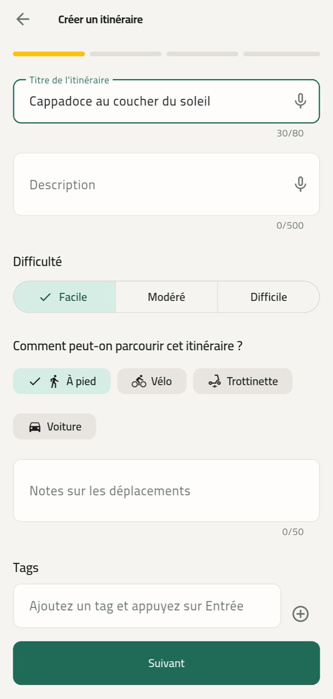 Écran de création d'itinéraire Roamify