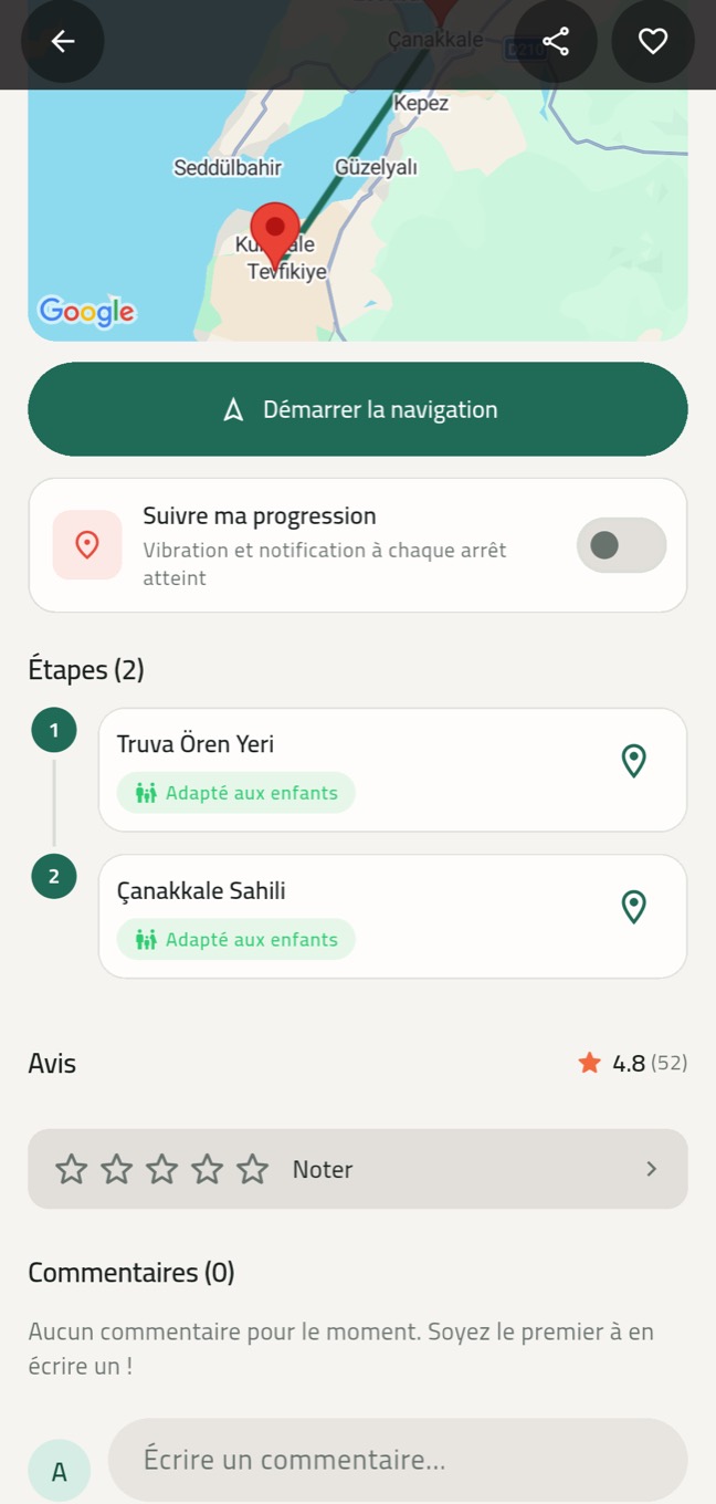 Liste des étapes Roamify et l'option Suivre ma progression