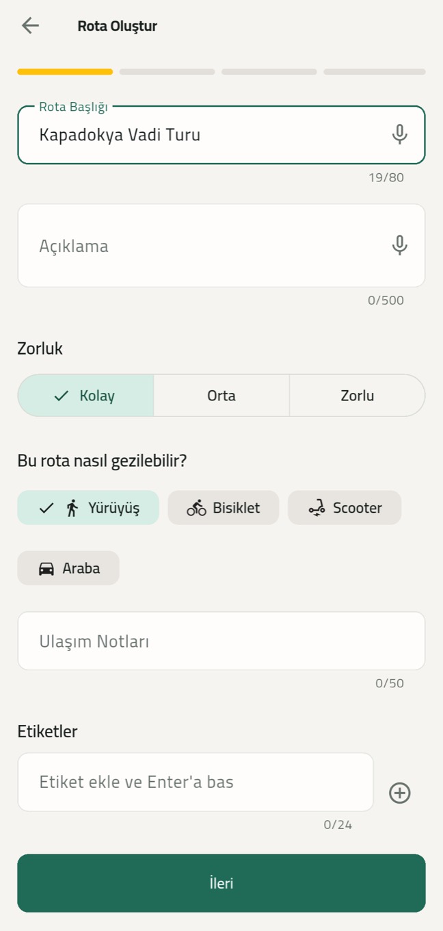 Roamify rota oluşturma ekranı