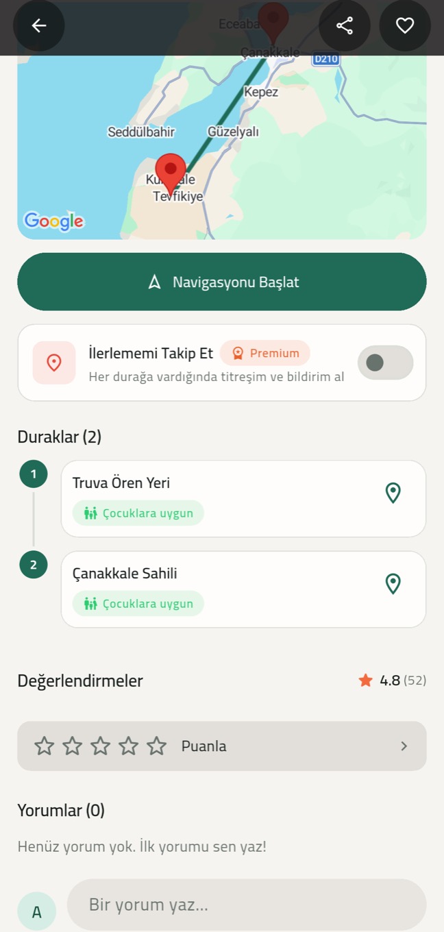 Roamify durak listesi ve İlerlememi Takip Et seçeneği